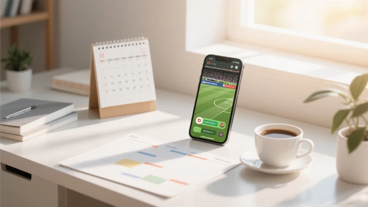 清晨书桌与日历规划，旁边放着手机直播界面，体现不熬夜观赛计划