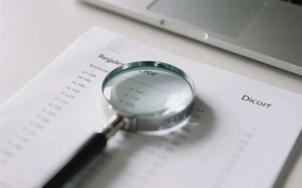 放大镜聚焦在PDF规则文件的目录与页码上，强调关键词检索与定位